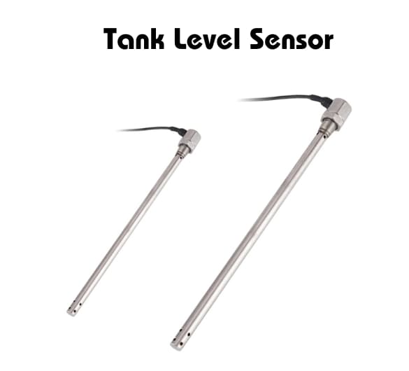 Two stainless steel tank level sensors with cables, used for measuring liquid levels in tanks